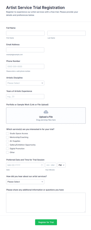Artist Service Trial Registration Form Template