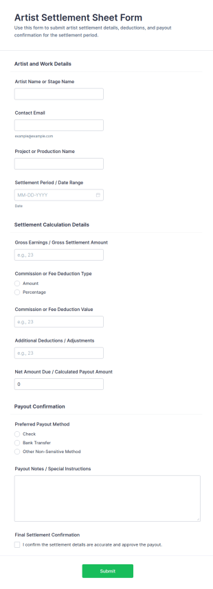 Artist Settlement Sheet Form Template