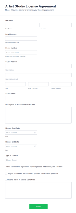 Artist Studio License Agreement Form Template