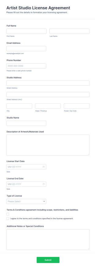 Artist Studio License Agreement Form Template