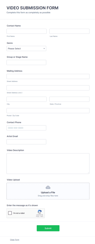Artist Video Submission Form Template
