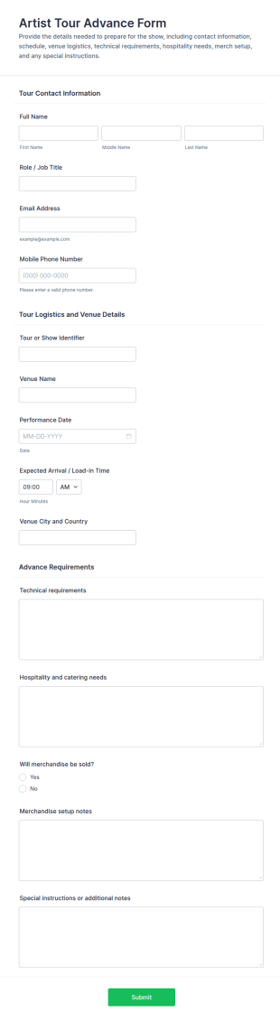 Artist Tour Advance Form Template