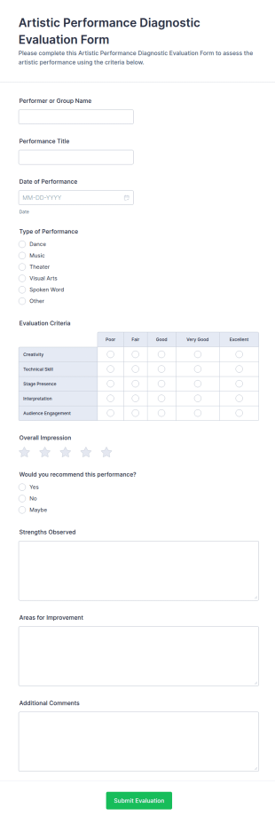 Artistic Performance Diagnostic Evaluation Form Template