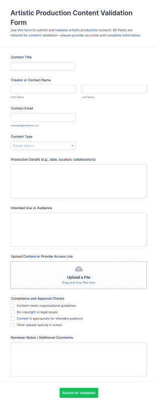 Artistic Production Content Validation Form Template