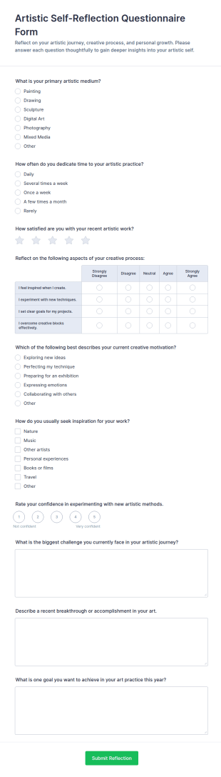 Artistic Self Reflection Questionnaire Form Template