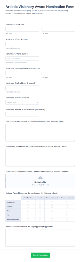 Artistic Visionary Award Nomination Form Template