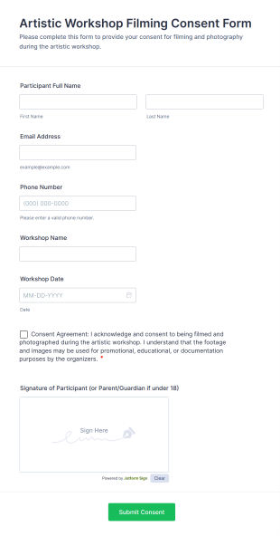 Artistic Workshop Filming Consent Form Template