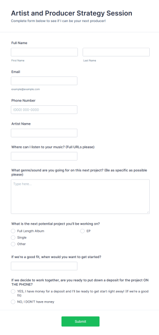 Artists And Producer Strategy Session Form Template