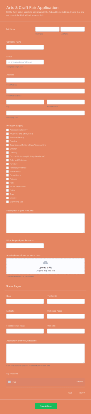 Arts And Craft Fair Application Form With 2Checkout Payment Gateway Form Template