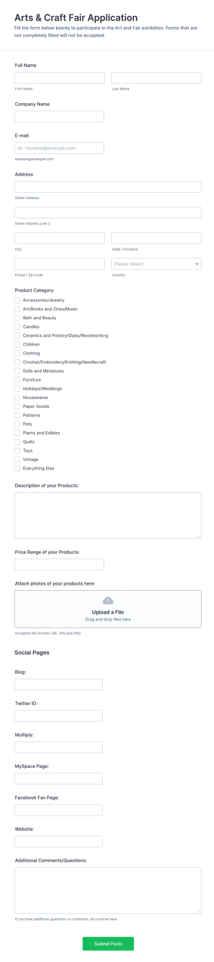 Arts And Craft Fair Application Form Template
