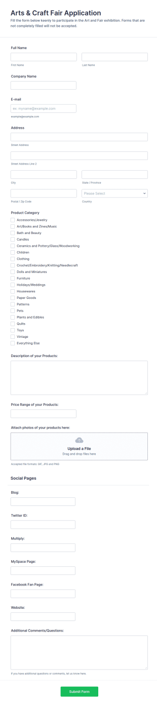Arts And Craft Fair Vendor Application Template