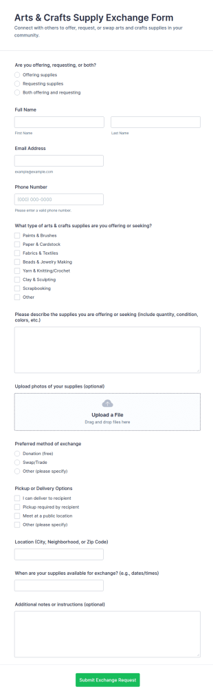 Arts & Crafts Supply Exchange Form Template