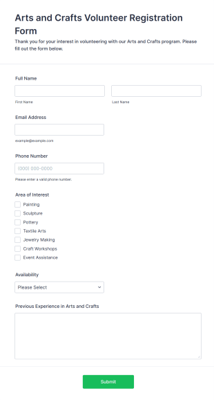 Arts And Crafts Volunteer Registration Form Template