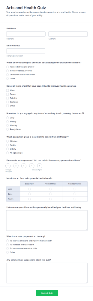 Arts And Health Quiz Form Template