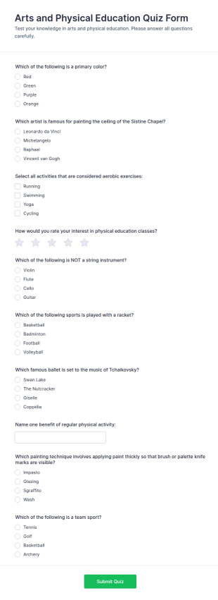 Arts And Physical Education Quiz Form Template