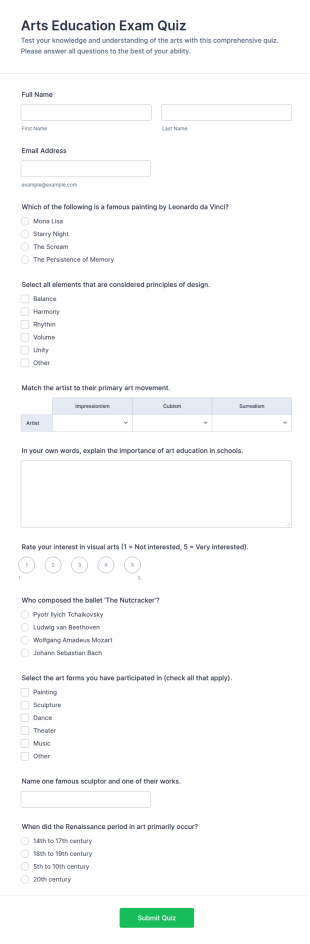 Arts Education Exam Quiz Form Template