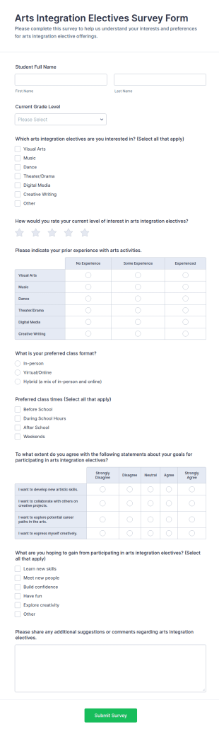 Arts Integration Electives Survey Form Template