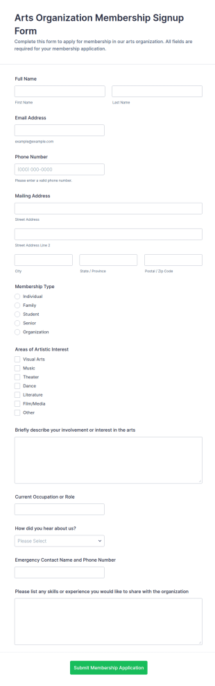 Arts Organization Membership Signup Form Template