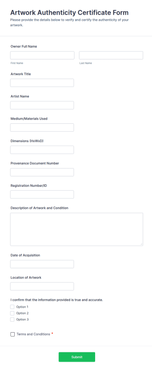 Artwork Authenticity Certificate Form Template