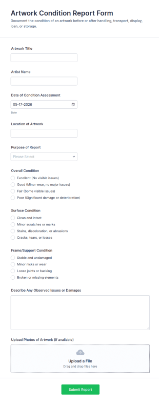 Artwork Condition Report Form Template