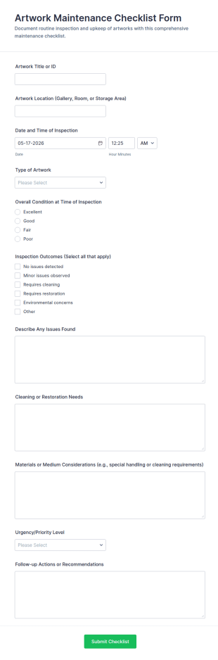 Artwork Maintenance Checklist Form Template