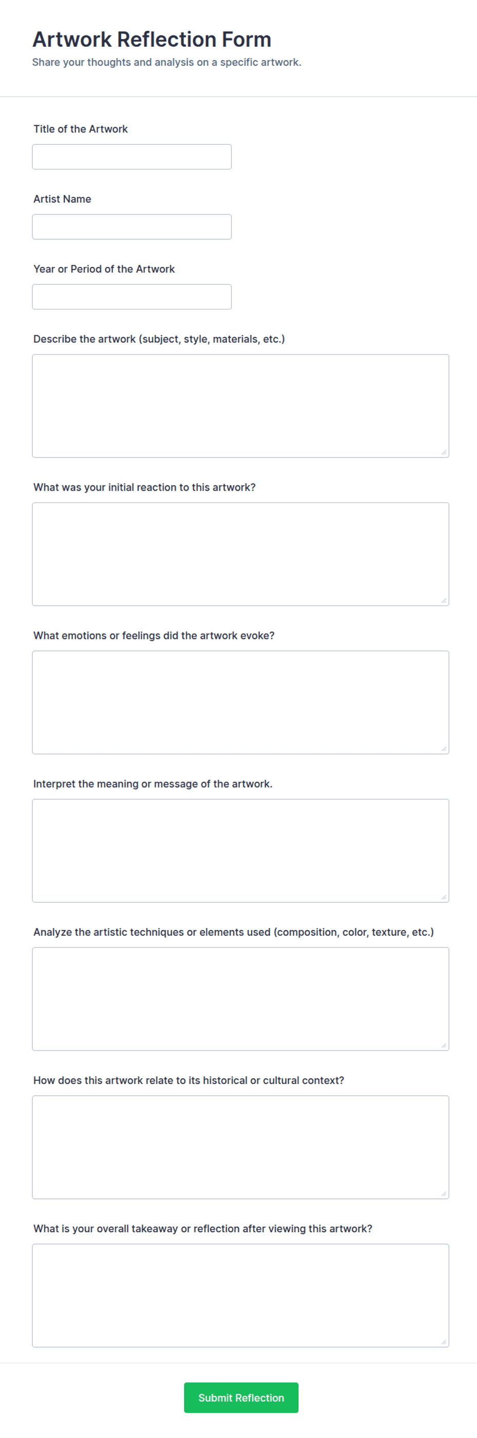 Artwork Reflection Form Template | Jotform