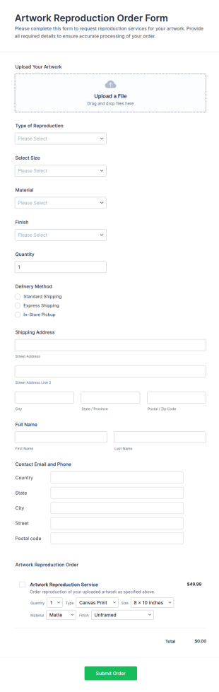 Artwork Reproduction Order Form Template