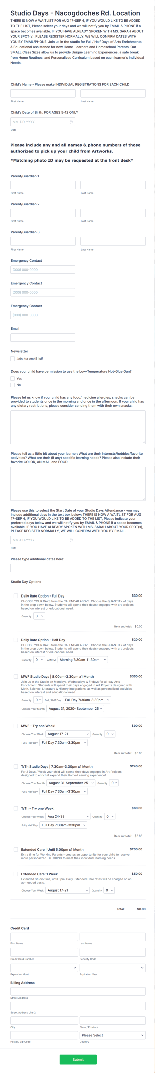Artworks Studio Day Application Form Form Template