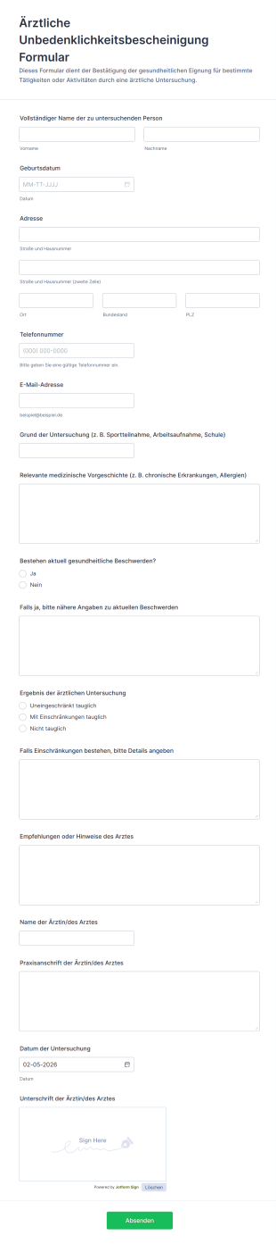 Ärztliche Unbedenklichkeitsbescheinigung Formular