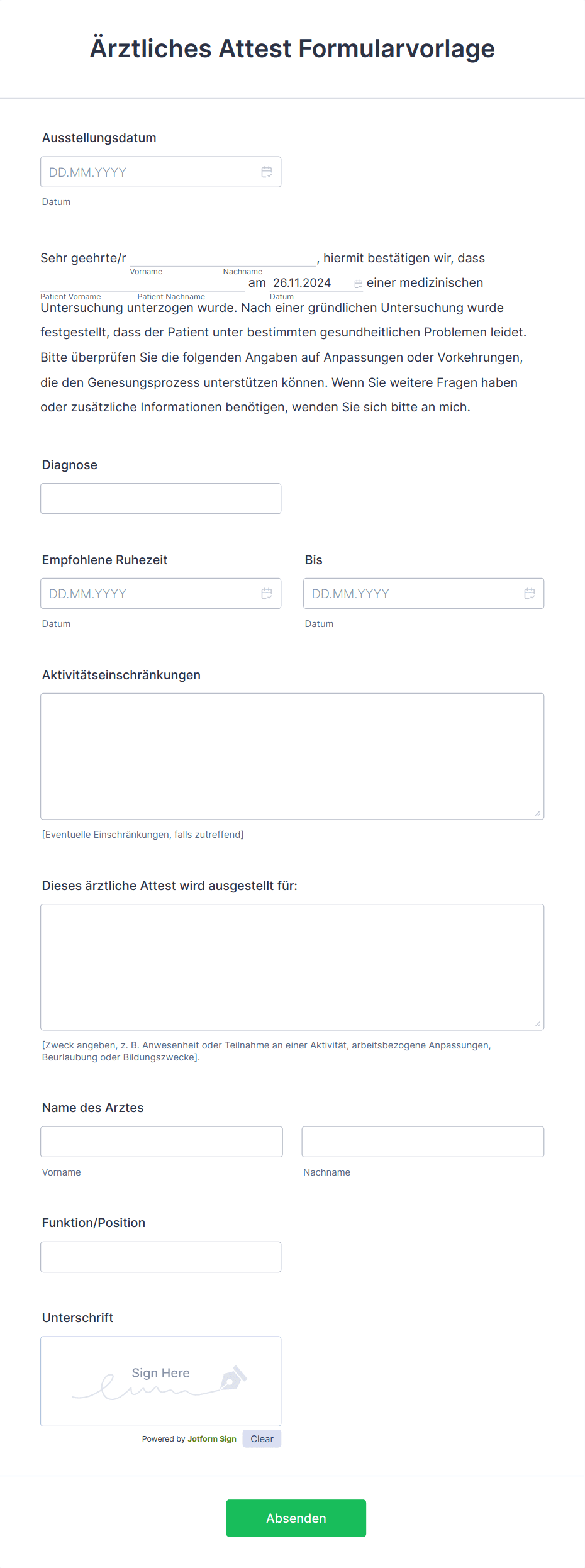 Ärztliches Attest Formularvorlage Formularvorlage | Jotform