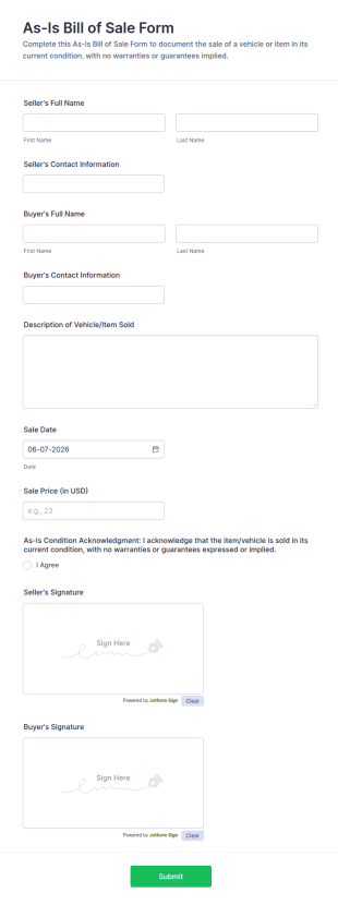 As Is Bill Of Sale Form Template