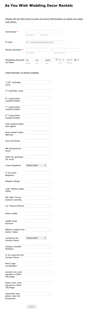 Wedding Decor Rentals Form Template
