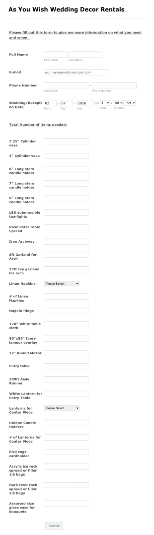 Wedding Decor Rentals Form Template