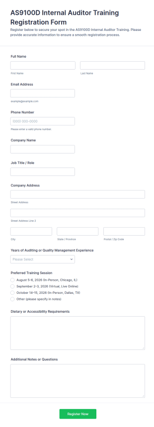AS9100D Internal Auditor Training Registration Form Template