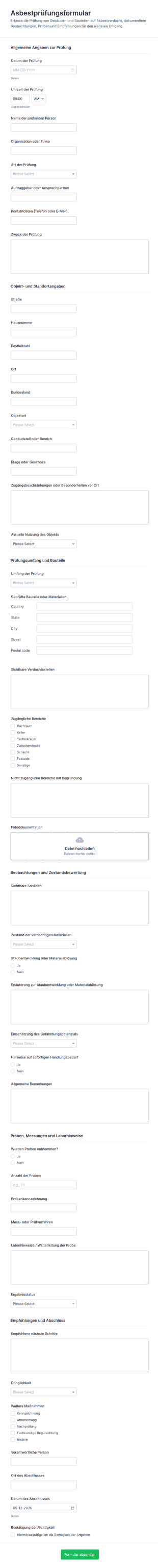 Asbest Inspektionsbericht Formular