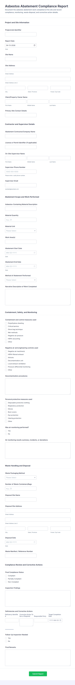 Asbestos Abatement Compliance Report Form Template