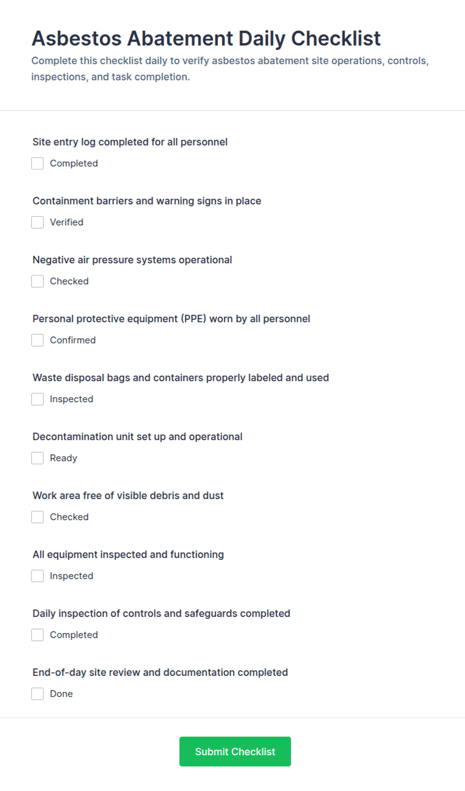 Asbestos Abatement Daily Checklist Form Template | Jotform