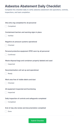 Asbestos Abatement Daily Checklist Form Template