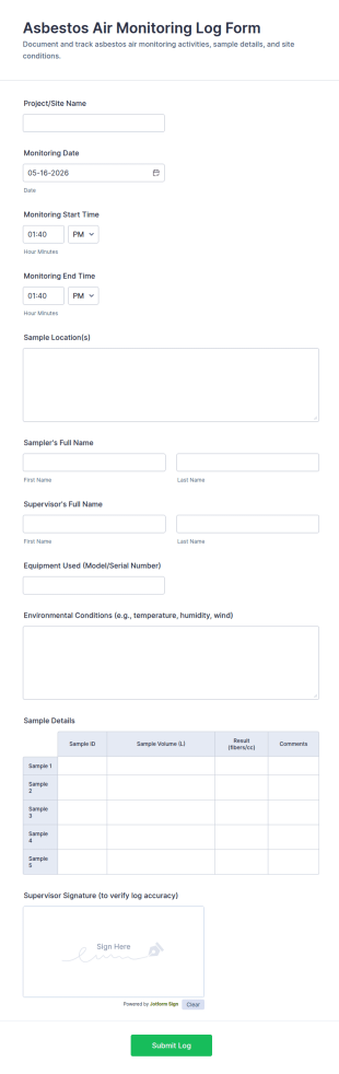 Asbestos Air Monitoring Log Form Template