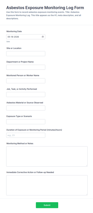 Asbestos Exposure Monitoring Log Form Template