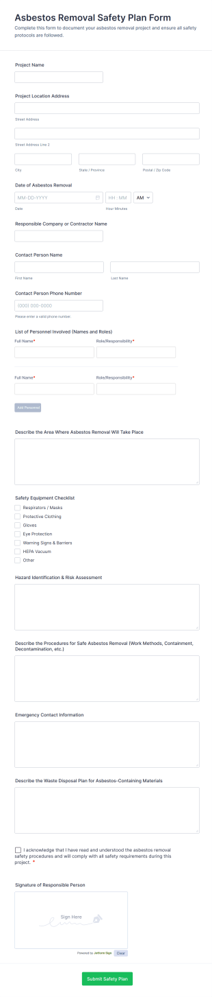 Asbestos Removal Safety Plan Form Template