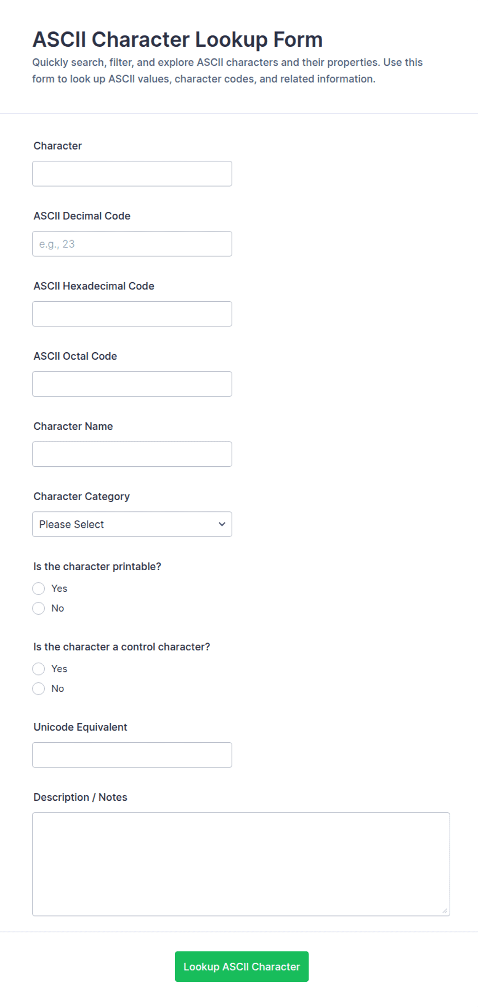 ASCII Character Lookup Form Template | Jotform