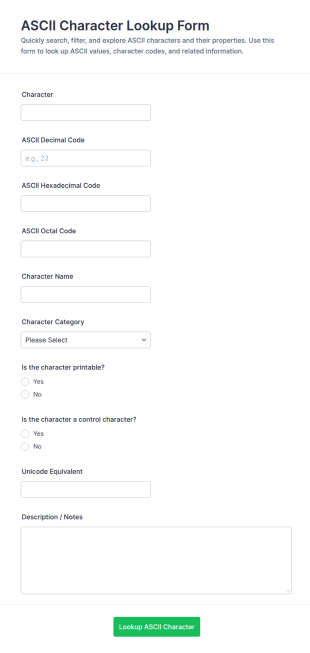 ASCII Character Lookup Form Template