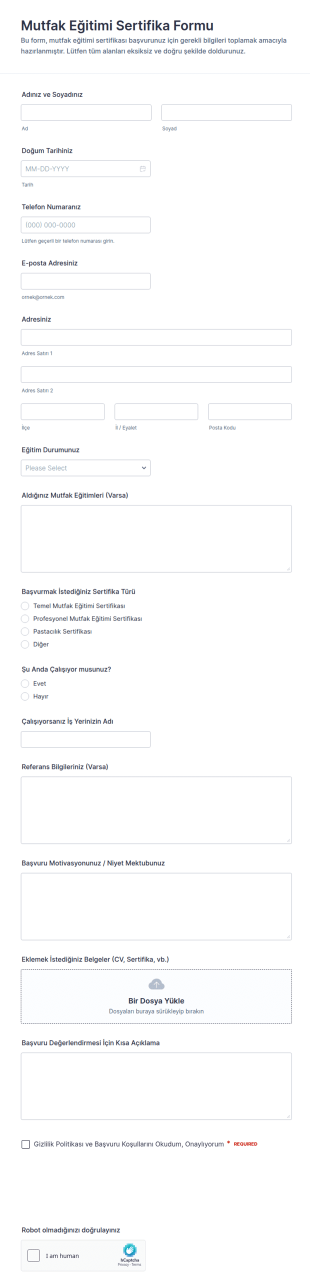 Aşçılık Eğitim Sertifikası Form Şablonu