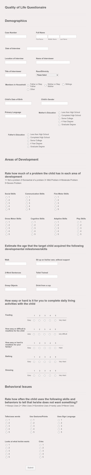 Process Of Interview Quality Of Life Questionaire Form Template