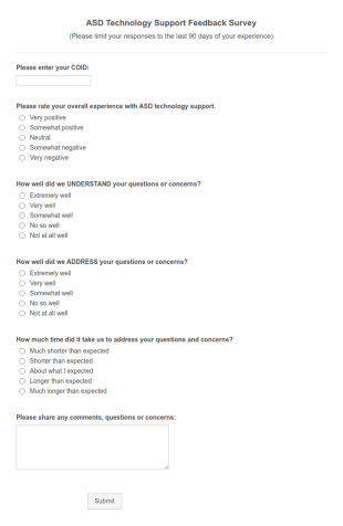 ASD Technology Support Feedback Survey Form Template