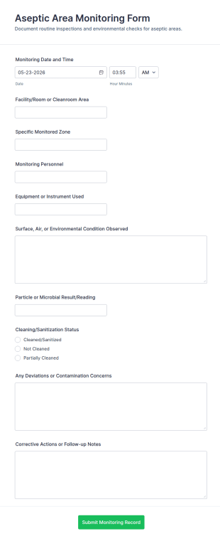 Aseptic Area Monitoring Form Template