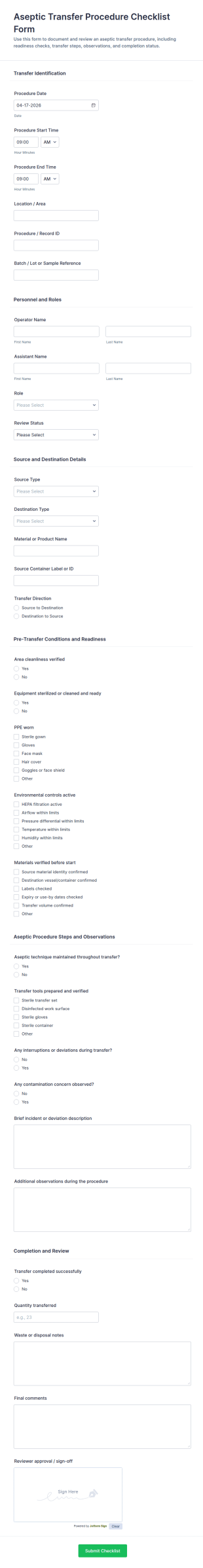 Aseptic Transfer Procedure Checklist Form Template