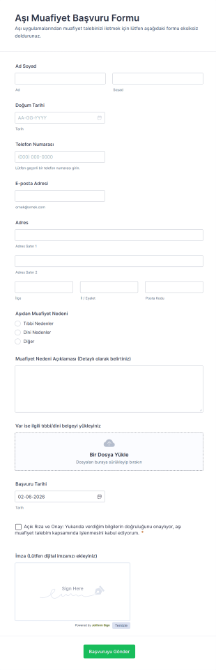 Aşı Muafiyet Başvuru Form Şablonu