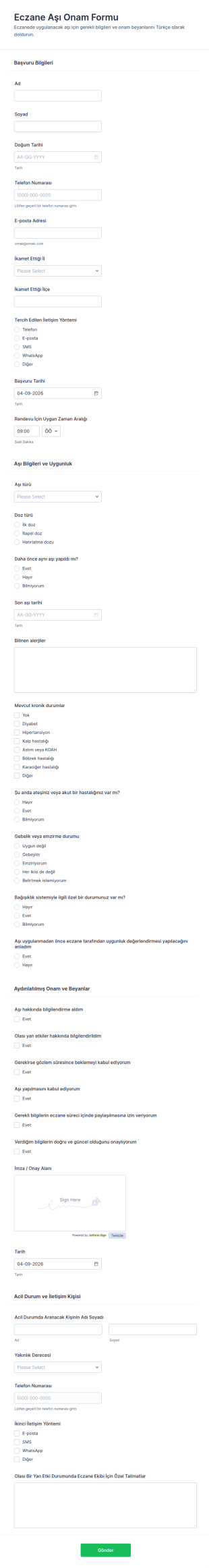 Aşı Onay Form Şablonu